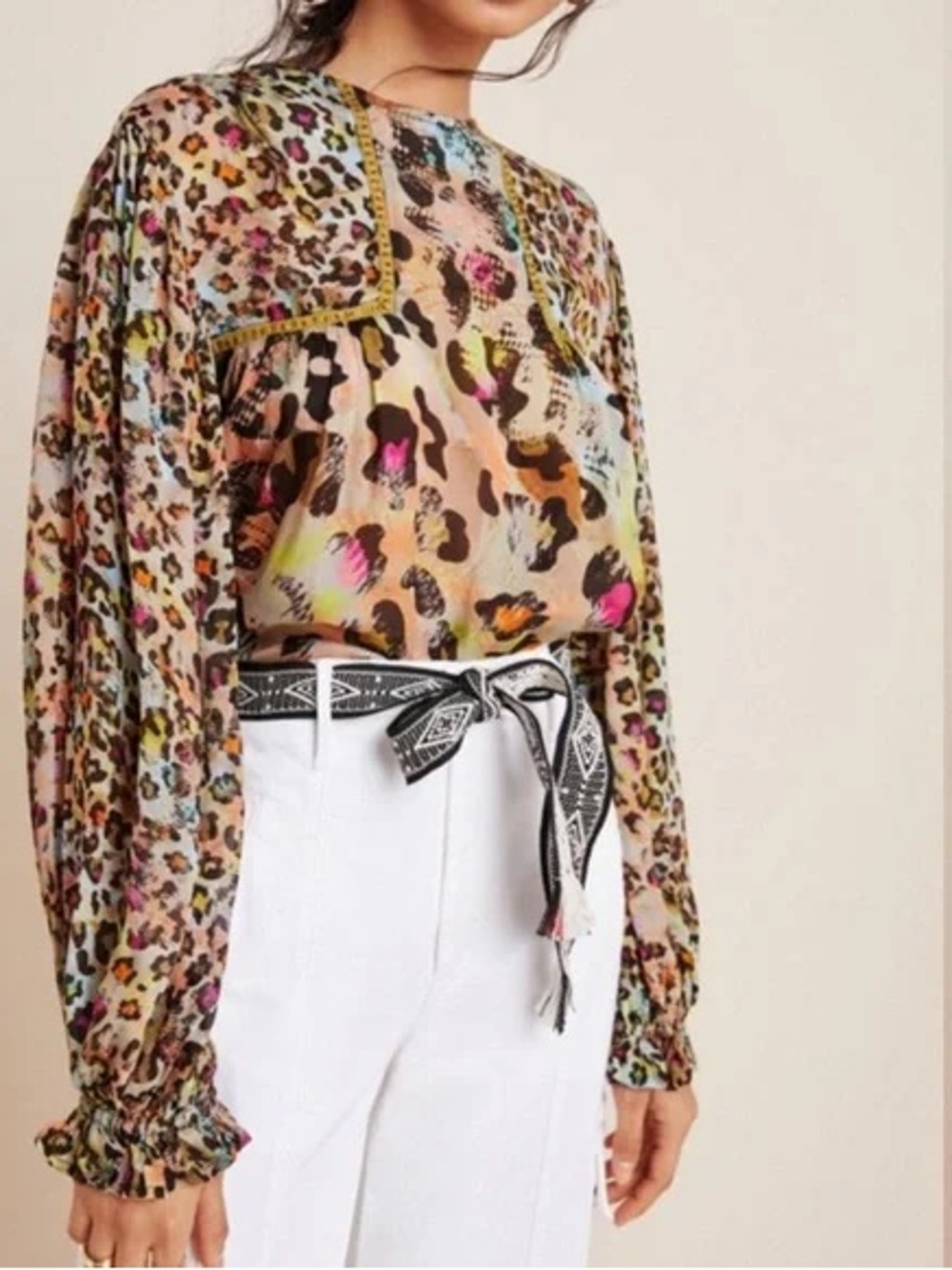 Anthropologie Multicolor Leopard-Print Sheer Blouse